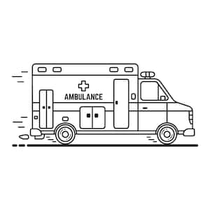 Può includere: Un disegno in bianco e nero di un'ambulanza con la scritta "AMBULANCE" sul lato. L'ambulanza si muove verso destra e ha una croce sul lato.