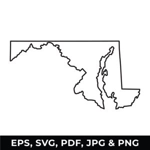 Könnte beinhalten: Schwarz-weiße Umrisszeichnung des Bundesstaates Maryland. Das Bild enthält unten den Text "EPS, SVG, PDF, JPG & PNG".