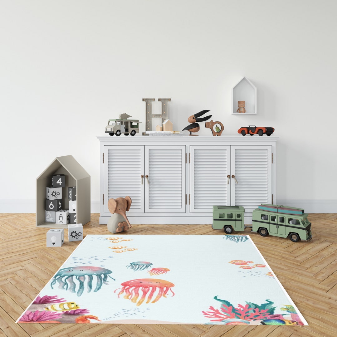 Jellyfish Nursery Rug, Underwater Theme Nursery Decor, Under the Sea