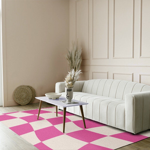 Tapis à damier rose et blanc, tapis à damier rose, tapis à damier ondulé rose, tapis groovy des années 70, tapis de salon funky, tapis pastel danois rose