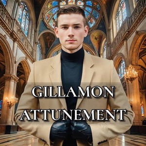 May include: A man wearing a tan blazer, black turtleneck, and black gloves. The text "Gillamon Attunement" is superimposed on the image.