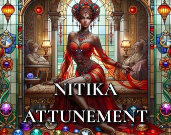 May include: A woman in a red and gold dress sits on a bench with a stained glass background. The text "NITIKA ATTUNEMENT" is written below her.
