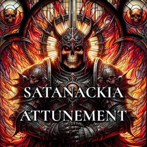 May include: Digital artwork featuring a skeletal figure in ornate armor, with a horned helmet and glowing red eyes. The image has a stained-glass style background with fiery reds and oranges. Text reads "SATANACKIA ATTUNEMENT".
