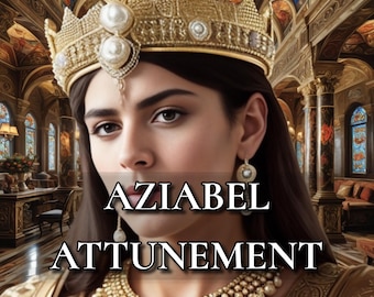 May include: A woman wearing a gold crown with pearls and a gold necklace with pearls. The text "AZIABEL ATTUNEMENT" is written in front of her.