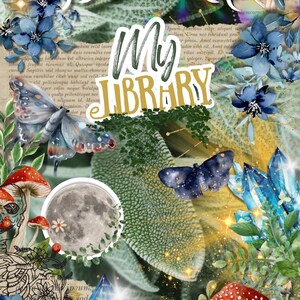 Könnte beinhalten: Eine digitale Collage mit dem Text "My Library" in Goldbuchstaben, umgeben von Illustrationen. Enthält blaue Blumen, Schmetterlinge, Pilze, Kristalle und einen Vollmond. Der Text "Manifest that shit" befindet sich oben.