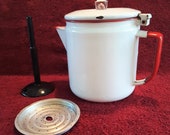 Vintage Small Enamel ware Coffee Pot, White with Red Trim, Farmhouse Décor, Vintage 1950s