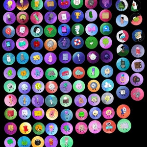 May include: A collection of colorful watercolor-style illustrations of various objects and characters, each set within a circular frame. The images include food items, office supplies, and other everyday objects, all with expressive faces.
