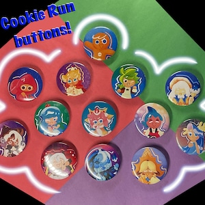 May include: A collection of colorful round buttons featuring various cartoon characters. The buttons are arranged on a background of red, green, and purple. The text "Cookie Run buttons!" is displayed in blue, adding a playful touch.