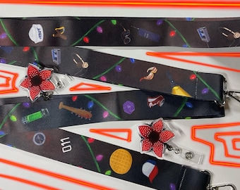 14 inch ST 80s spooky inspired lanyard and flower face badge reel