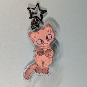 May include: A clear acrylic keyring featuring a cartoon cat with light tan fur, dark brown paws, and dark brown ears. The cat has large eyes and a spotted pattern on its body. It is attached to a black metal star-shaped clasp by a small ring.