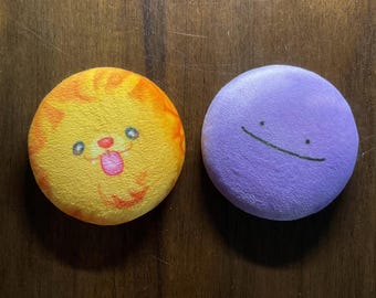 Squishy fuzzy Ditto and Pimbon badge pins