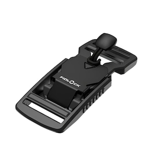 May include: A black Fidlock buckle with a unique design. The buckle features a curved handle and a rectangular frame. The word "Fidlock" is printed on the front. The buckle is made of a durable material and is designed for secure fastening.