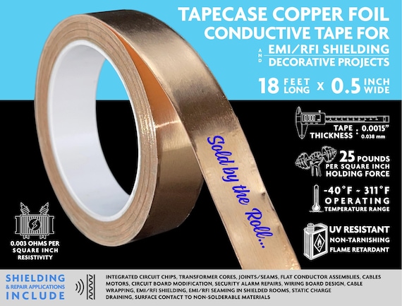 Copper Foil Conductive Tape, 1/2" Wide x 18 Feet Long, EMI/RFI Shielding, Electrical Repair, Decorative Crafts, Sold by the Roll