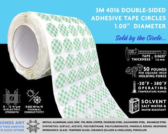 Puede incluir: Un rollo de cinta adhesiva de doble cara 3M 4016 en círculos, de 2,5 cm de diámetro. La cinta es blanca con círculos verdes. El texto "Sold by the Circle..." está impreso en la imagen. La imagen también incluye detalles sobre el grosor de la cinta, la fuerza de sujeción, el rango de temperatura de funcionamiento y la resistencia a los disolventes.