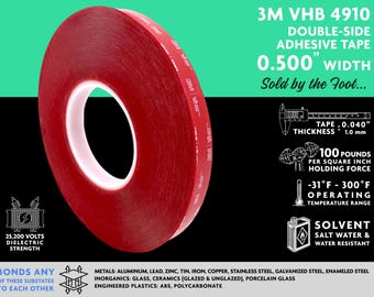 May include: A roll of red 3M VHB 4910 double-sided adhesive tape, 0.500 inches wide. The tape is 0.040 inches thick and has a holding force of 100 pounds per square inch. The operating temperature range is -31 degrees Fahrenheit to 300 degrees Fahrenheit. The tape is solvent, salt water, and water resistant.