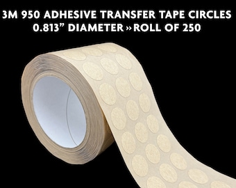 Puede incluir: Un rollo de círculos de cinta de transferencia adhesiva 3M 950. La cinta es beige con círculos precortados, cada uno con un diámetro de 2,06 cm. El texto de la imagen dice "3M 950 Adhesive Transfer Tape Circles 0.813" Diameter » Roll of 250".
