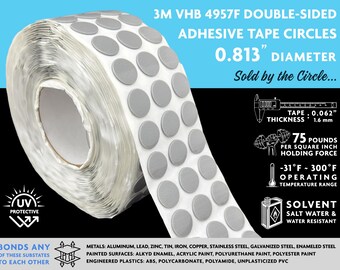 Puede incluir: Rollo de cinta adhesiva de doble cara 3M VHB 4957F en forma de círculos, de 0,813 pulgadas de diámetro. La cinta es blanca y tiene un respaldo adhesivo gris. El rollo está etiquetado con el nombre del producto, el tamaño y otras especificaciones. La cinta es protectora contra los rayos UV y se adhiere a una variedad de superficies, incluidos metales, superficies pintadas y plásticos de ingeniería.