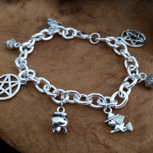 Witchy Bracelet Silver with Pendants Charm, Beads, Witch, Cauldron, Pentacle, Pentagram, Acorn, Protection, Blessings image 1