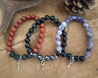 Hekatean Key Bracelet - Amethyst, Black Obsidian, Red jasper, Hematite, Lavastone - Hecate, Charm, Beads, Beaded, Hekate, Hecatean, Silver