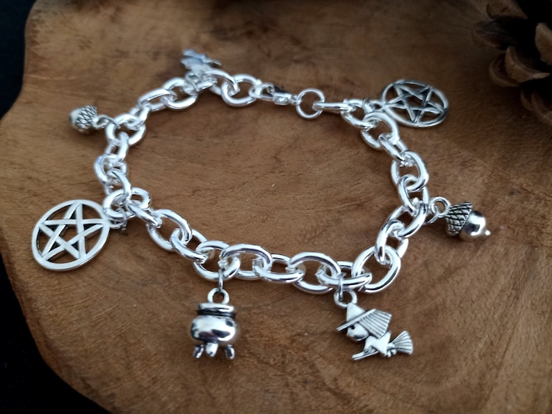 Witchy Bracelet Silver with Pendants Charm, Beads, Witch, Cauldron, Pentacle, Pentagram, Acorn, Protection, Blessings image 1