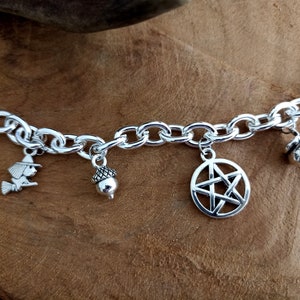 Witchy Bracelet Silver with Pendants Charm, Beads, Witch, Cauldron, Pentacle, Pentagram, Acorn, Protection, Blessings image 3