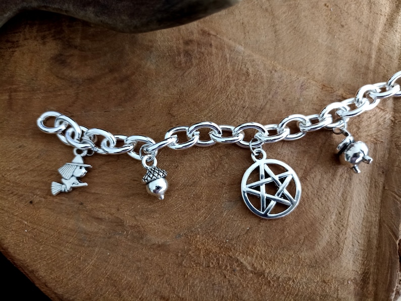 Witchy Bracelet Silver with Pendants Charm, Beads, Witch, Cauldron, Pentacle, Pentagram, Acorn, Protection, Blessings image 3