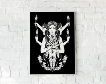Print Poster Triple Hekate - 30 x 40 cm (IKEA picture frame format) Hecate, Altar, Torch, Torches, Snake, Key, Dog, Oak, Laurel, Goddess