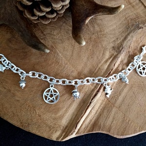 Witchy Bracelet Silver with Pendants Charm, Beads, Witch, Cauldron, Pentacle, Pentagram, Acorn, Protection, Blessings image 2