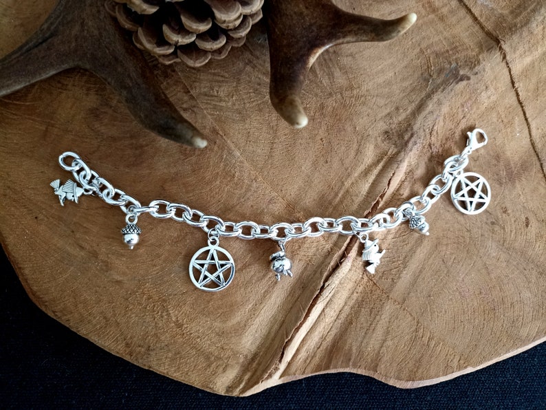 Witchy Bracelet Silver with Pendants Charm, Beads, Witch, Cauldron, Pentacle, Pentagram, Acorn, Protection, Blessings image 2