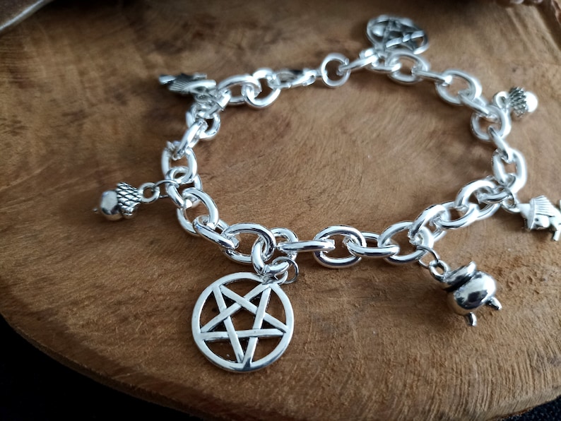 Witchy Bracelet Silver with Pendants Charm, Beads, Witch, Cauldron, Pentacle, Pentagram, Acorn, Protection, Blessings image 6