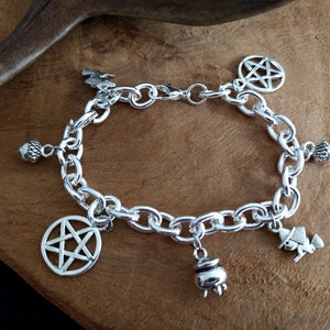 Witchy Bracelet Silver with Pendants Charm, Beads, Witch, Cauldron, Pentacle, Pentagram, Acorn, Protection, Blessings image 4