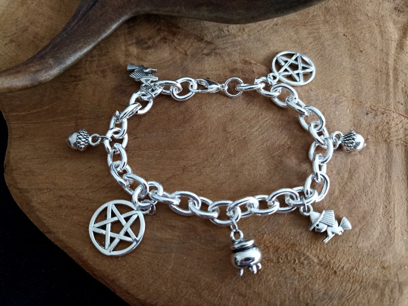 Witchy Bracelet Silver with Pendants Charm, Beads, Witch, Cauldron, Pentacle, Pentagram, Acorn, Protection, Blessings image 4