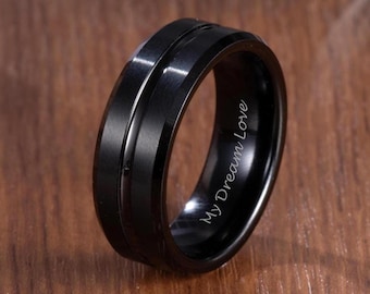 8mm Black Tungsten Ring, Brushed Center Grooved Tungsten Ring, Black Mens Wedding Band, Engagement Ring, Anniversary Ring for Husband