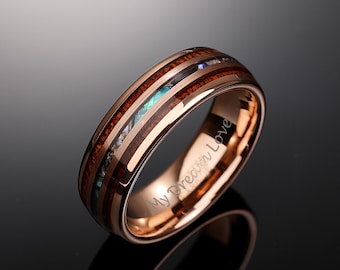 Koa Wood & Abalone Shell Inlay Tungsten Ring,Rose Gold Men's Wedding Band,Koa Wood Band,Men's Tungsten Band,Promise Band,Anniversary Gift