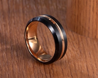 Black & Rose Gold Tungsten Ring, Two Tone Brushed Finish Band, Men's Wedding Band, Black Tungsten Carbide Ring, Rose Gold Promise Ring