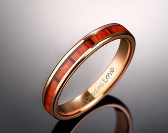 Koa Wood Rose Gold Tungsten Ring ,4mm  Women’s Wedding Band ,Women Men Ring,Wood Inlay Promise Ring,Anniversary Gift,Anniversary Ring