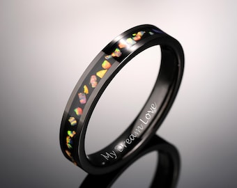 Opal Inlay Black Tungsten Ring,Wedding Band,Black Tungsten Carbide Ring,Promise Ring for Women or Men,Engagement Ring,Anniversary Gift
