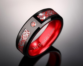 Red Carbon Fiber Tungsten Ring,Black Tungsten Band,Celtic Dragon Ring, Red CZ Inlay Tungsten Wedding Band,Engagement Ring,Anniversary Gift