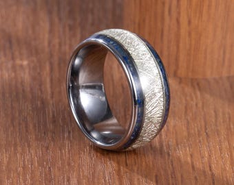 10mm Meteorite & Blue Carbon Fiber Tungsten Ring, Unique Wedding Band, Polished Silver Engagement Ring, Mens Ring, Anniversary Gift for Him