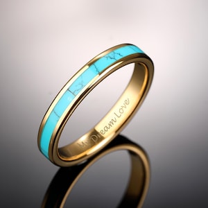 Turquoise Inlay Gold Tungsten Ring, Yellow Gold Tungsten Wedding Ring,Turquoise Wedding Band,4mm Promise Ring,Unisex Band,Anniversary Gift