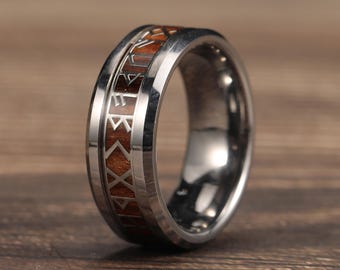 Viking Tungsten Ring, Koa Wood Runes Ring, Vicking Nordic Ring, Norsemen Ring, Mens Tungsten Bands, 8mm Engagement Ring, Anniversary Ring