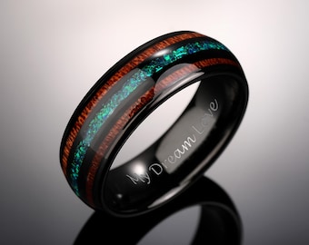 Alliance en tungstène incrusté de bois de koa et d'opale, bague en tungstène noir, alliance en tungstène en bois unique, alliance en tungstène opale, cadeau d'anniversaire