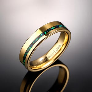 Gold Tungsten Ring with Green Opal Inlay,Green Stone Tungsten Wedding Band, Mens Engagement Ring,Elegant Promise Ring,Anniversary Gift