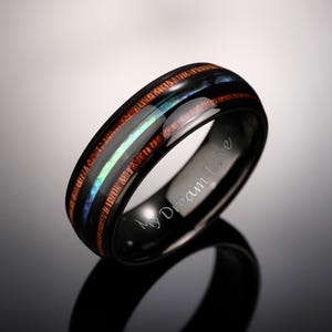 Koa Holz & Abalone Muschel Wolfram Ring, schwarzer Abalone Ring, Männer Ehering, Holzring, Wolframring, einzigartiger Herrenring, Jubiläumsgeschenk