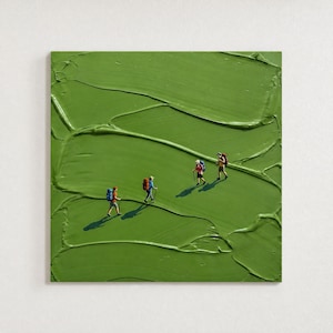 Hiking Art, 3DTextured Green Impasto Painting, Miniature Hikers with Backpacks on Canvas, Modern Adventure Decor,market collectible