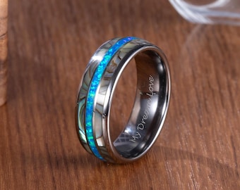 Anillo de ópalo y concha de abulón, alianza de tungsteno con incrustaciones de ópalo azul, anillo de compromiso único, alianza de boda para hombre, anillo de aniversario, regalo de compromiso