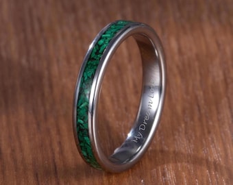 Malachite Wedding Band, 4mm Silver Tungsten Ring, Green Gemstone Ring, Men Malachite Tungsten Ring, Gemstone Promise Ring, Engagement Ring