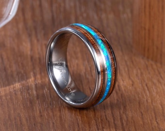 Hawaiian Blue Opal & Koa Wood Tungsten Ring, Mens Wood Wedding Band, Blue Opal Inlay Ring, Koa Wood Ring, Husband Anniversary Gift