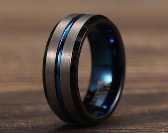8mm Silver Tungsten Carbide Wedding Ring, Blue Groove Wedding Band, Mens Custom Ring, Engagement Ring, Personalized Gift For Men