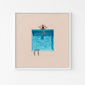 May include: A square oil painting featuring a person wearing a straw hat sitting on the edge of a bright blue swimming pool. The pool has a metal ladder on one side, and the surrounding area is painted in a textured, neutral beige colour.